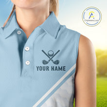 Load image into Gallery viewer, Light Blue and White Sleeveless Golf polo shirt Custom ladies's golf outfit, unique golf gifts NQS11112
