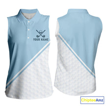 Load image into Gallery viewer, Light Blue and White Sleeveless Golf polo shirt Custom ladies's golf outfit, unique golf gifts NQS11112