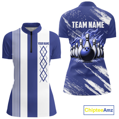Blue and White Argyle Flame bowling Women Polo, 1/4 Quarter Zip Shirts Custom bowling team jerseys NQS11312