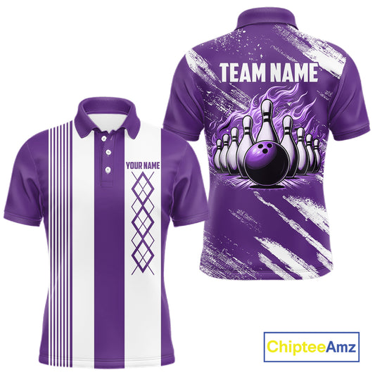 Purple & White retro Argyle Flame bowling Men Polo, 1/4 Quarter Zip Shirts Custom bowling team jersey NQS11314