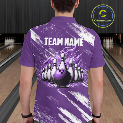 Purple & White retro Argyle Flame bowling Men Polo, 1/4 Quarter Zip Shirts Custom bowling team jersey NQS11314