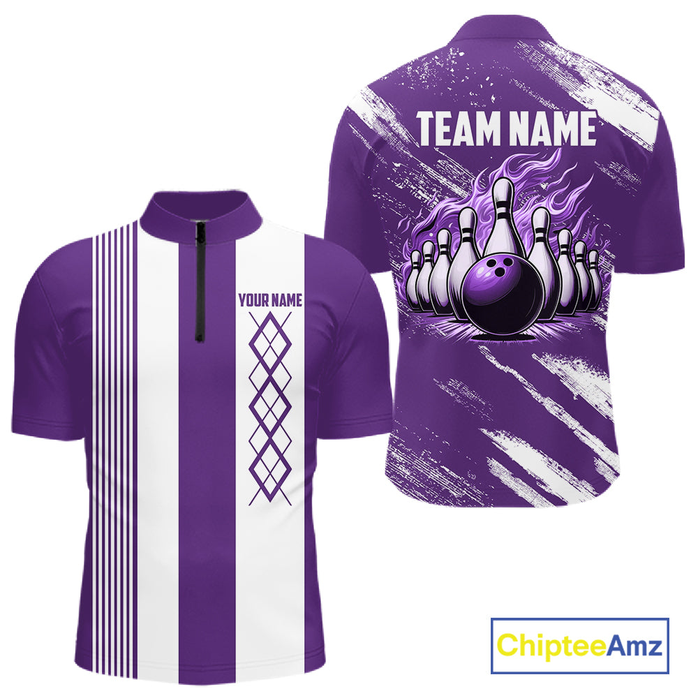 Purple & White retro Argyle Flame bowling Men Polo, 1/4 Quarter Zip Shirts Custom bowling team jersey NQS11314