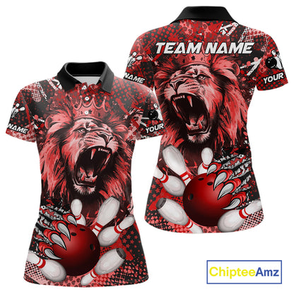 Red Camo Lion roar Bowling Polo, Quarter Zip Shirts for Women Custom Lion Bowling Team jerseys NQS11523