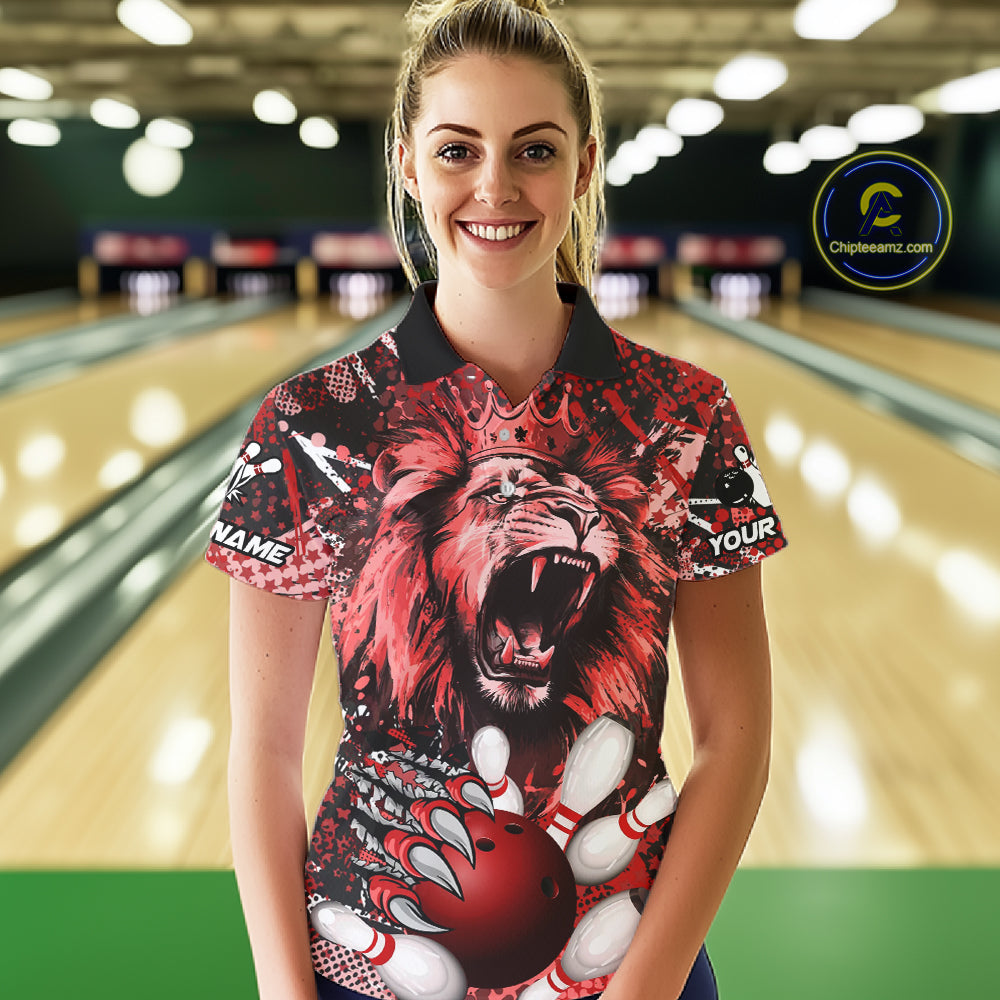 Red Camo Lion roar Bowling Polo, Quarter Zip Shirts for Women Custom Lion Bowling Team jerseys NQS11523