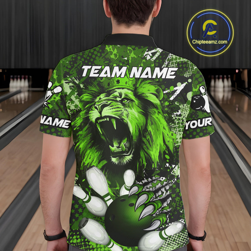 Green Camo Lion roar Bowling Polo, Quarter Zip Shirts for Men Custom Lion Bowling Team jerseys NQS11524