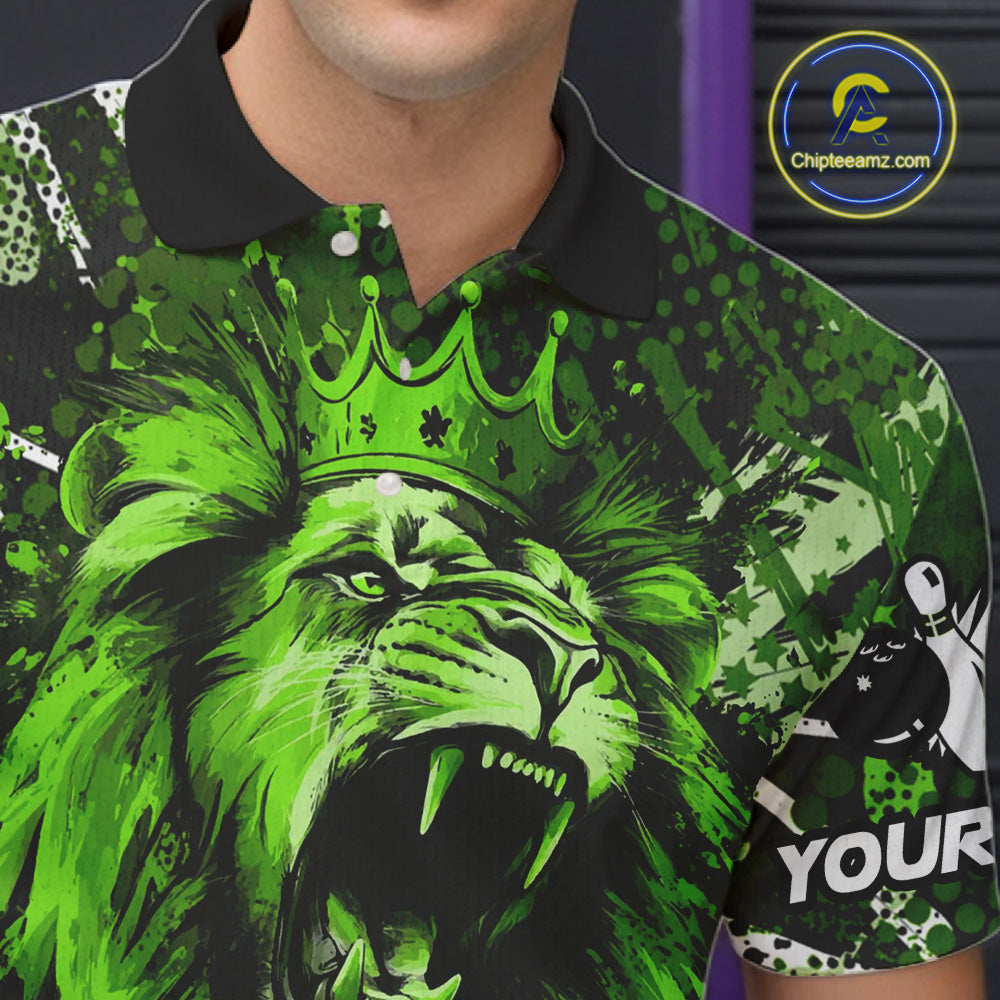 Green Camo Lion roar Bowling Polo, Quarter Zip Shirts for Men Custom Lion Bowling Team jerseys NQS11524