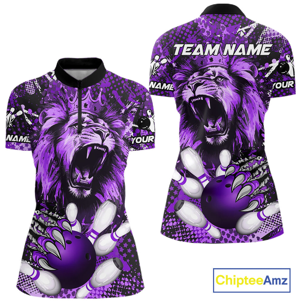 Purple Camo Lion roar Bowling Polo, Quarter Zip Shirts for Women Custom Lion Bowling Team jerseys NQS11525