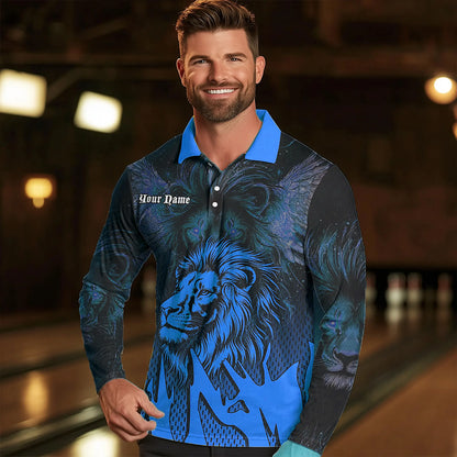 Black and Blue Lion Bowling Polo, Quarter Zip Shirts For Men Custom Team Lion Bowling Jerseys NQS9596