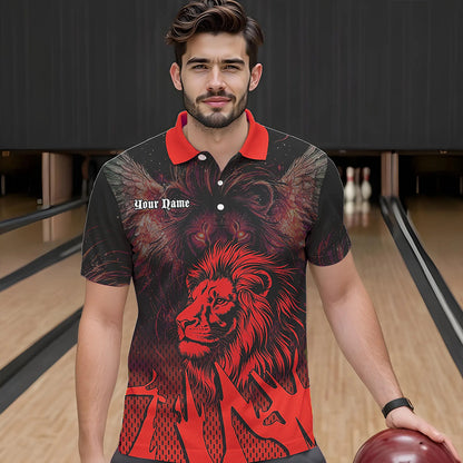 Black and Red Lion Bowling Polo, Quarter Zip Shirts For Men Custom Team Lion Bowling Jerseys NQS9598