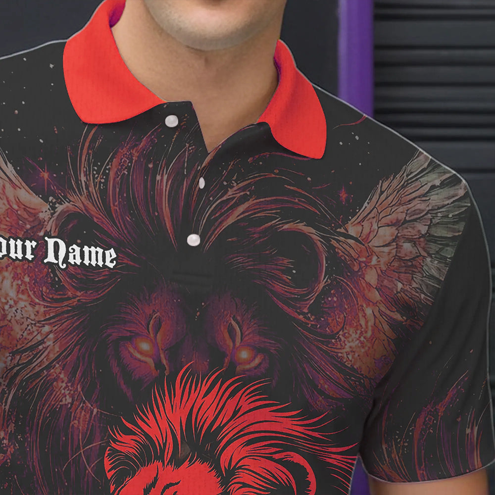 Black and Red Lion Bowling Polo, Quarter Zip Shirts For Men Custom Team Lion Bowling Jerseys NQS9598