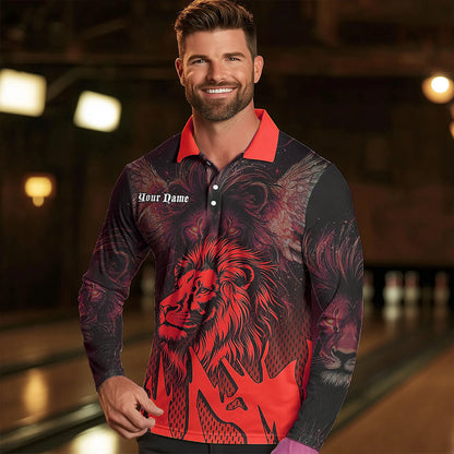Black and Red Lion Bowling Polo, Quarter Zip Shirts For Men Custom Team Lion Bowling Jerseys NQS9598