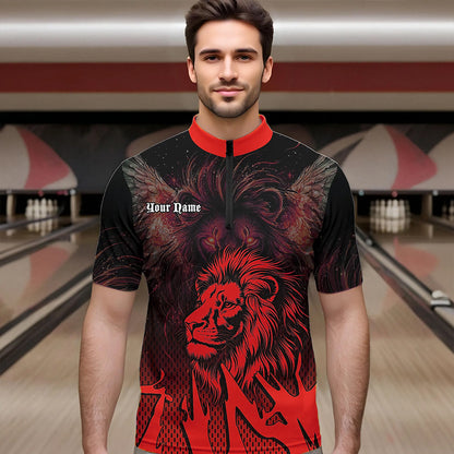 Black and Red Lion Bowling Polo, Quarter Zip Shirts For Men Custom Team Lion Bowling Jerseys NQS9598