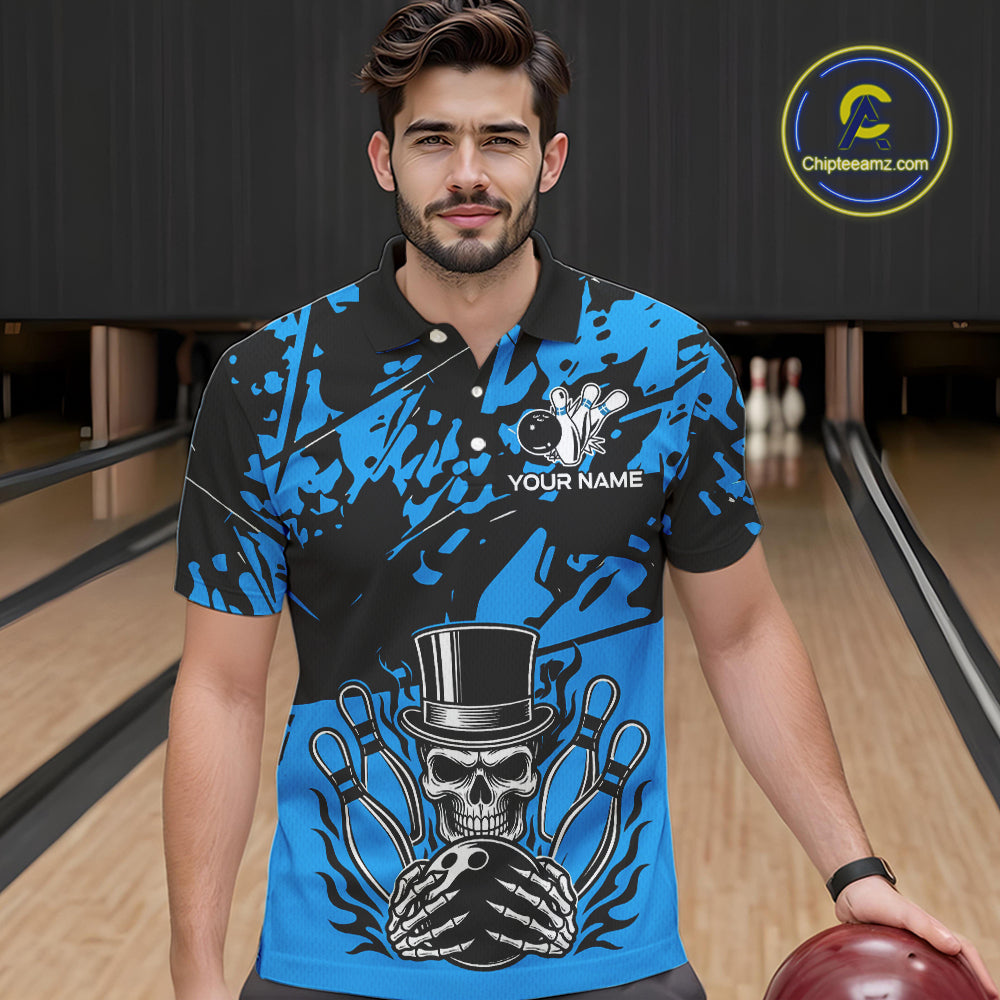 Black and Blue Camo Skull Bowling Polo, Quarter Zip Shirt for Men Custom Skull Team bowling jersey NQS10007