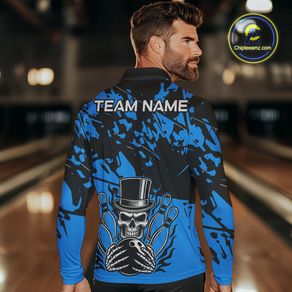 Black and Blue Camo Skull Bowling Polo, Quarter Zip Shirt for Men Custom Skull Team bowling jersey NQS10007