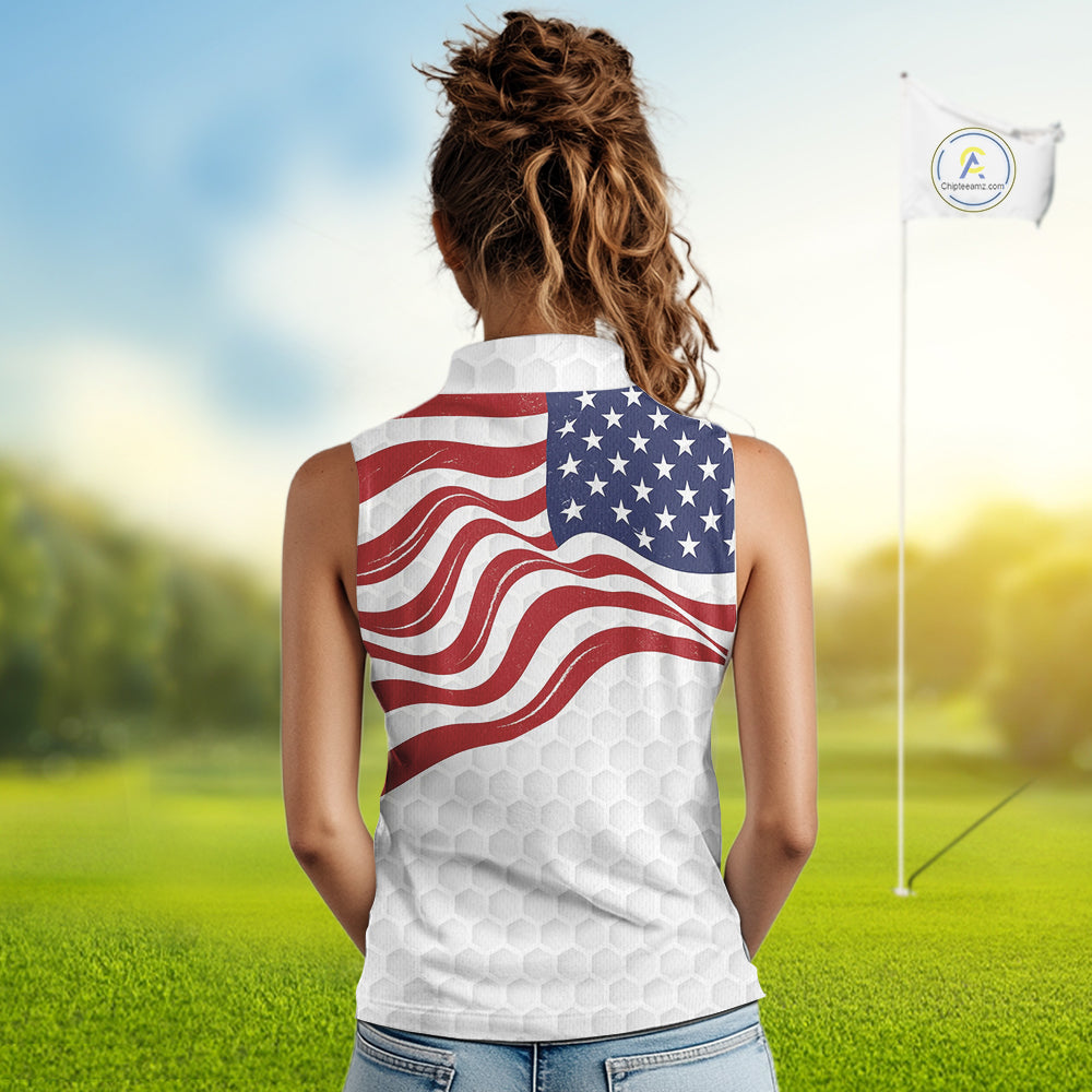 Red, White and Blue American Flag Women sleeveless polo shirt custom women's patriotic golf apparel NQS10169