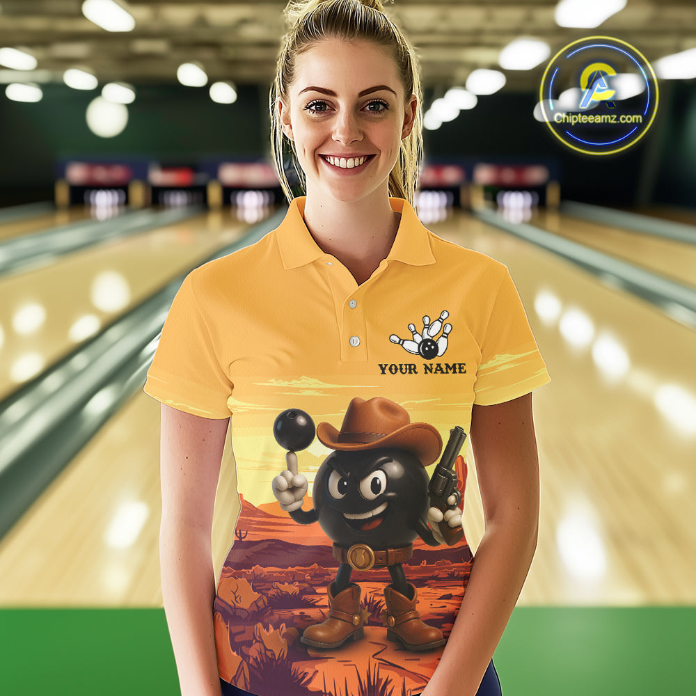 Funny Bowling Cowboy gun desert Womens Bowling Polo, 1/4 Zip Shirts Custom Funny bowling team jerseys NQS11127