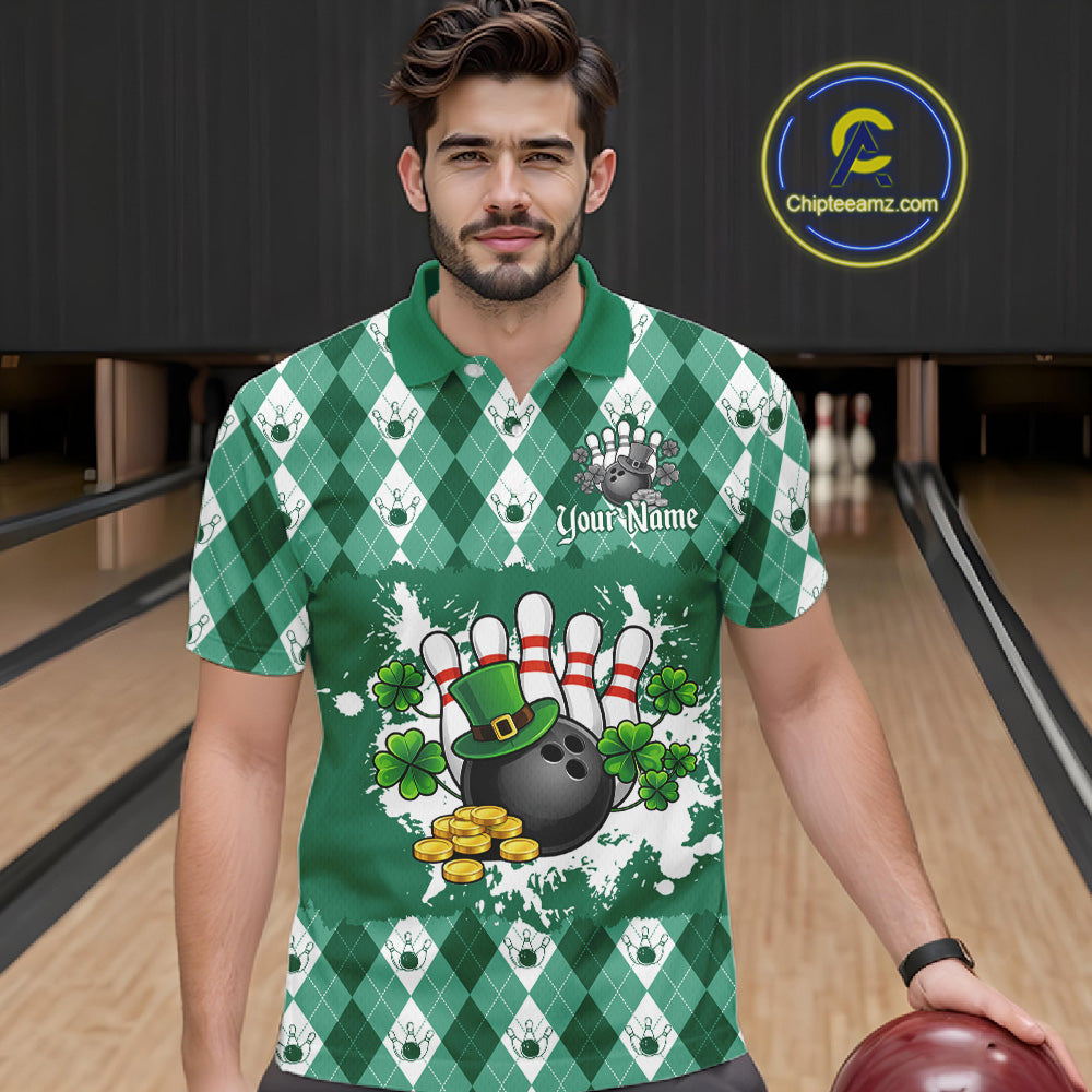 Argyle pattern St Patrick Green Bowling Polo, 1/4 zip shirts for Men Custom team bowling jerseys NQS11535