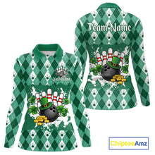 Load image into Gallery viewer, Argyle pattern St Patrick Green Bowling Polo, 1/4 zip shirts for Women Custom team bowling jerseys NQS11535