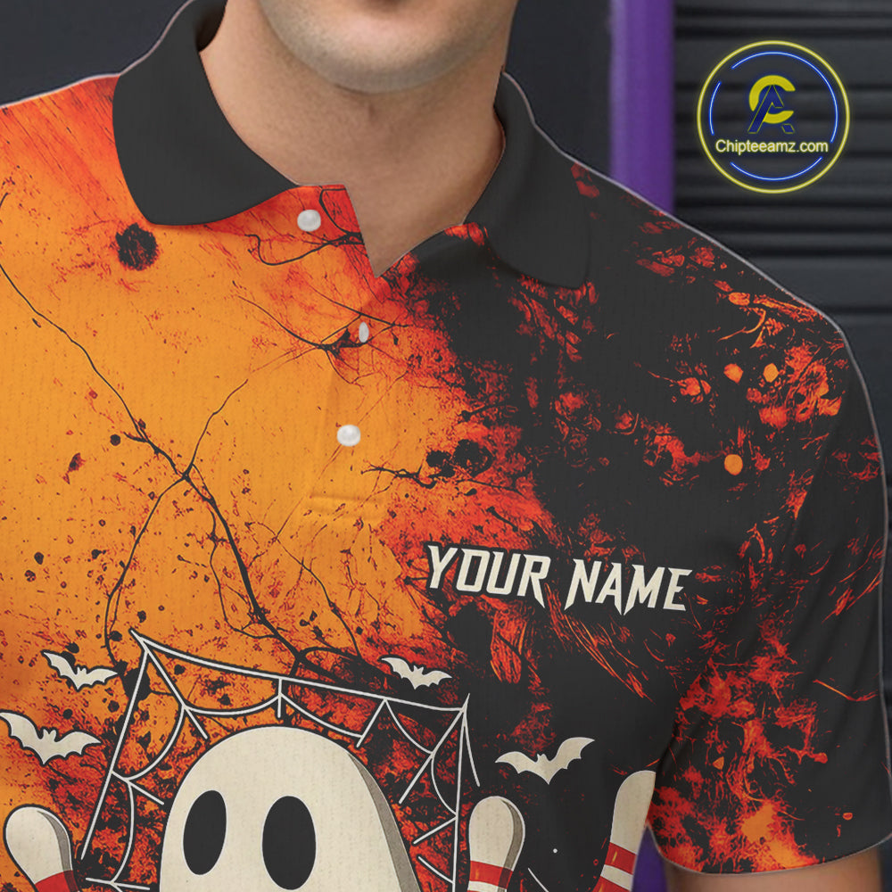 Custom Orange Boo Bowling Men Polo, Quarter Zip Shirts Bowling League Team Jerseys Halloween Outfits NQS10523