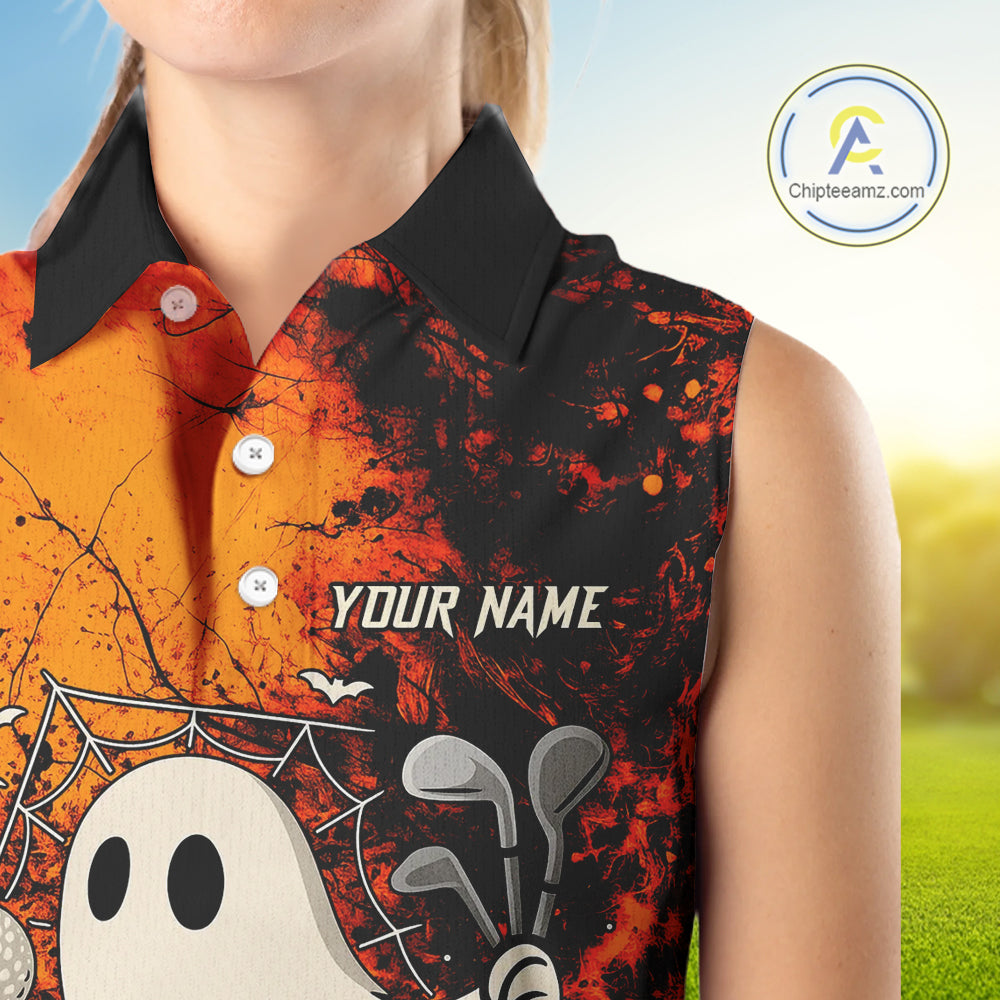 Custom Orange Halloween Boo Sleeveless polo shirt for Women, Halloween Ladies Golf Outfits NQS10524