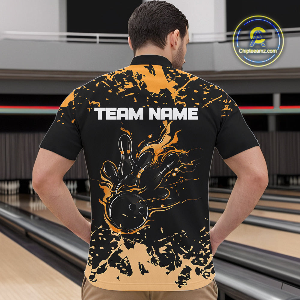 Personalized Black and Orange Bowling Shirts For Men, Bowling Balls And Pins Bowling Team Shirts NQS10743