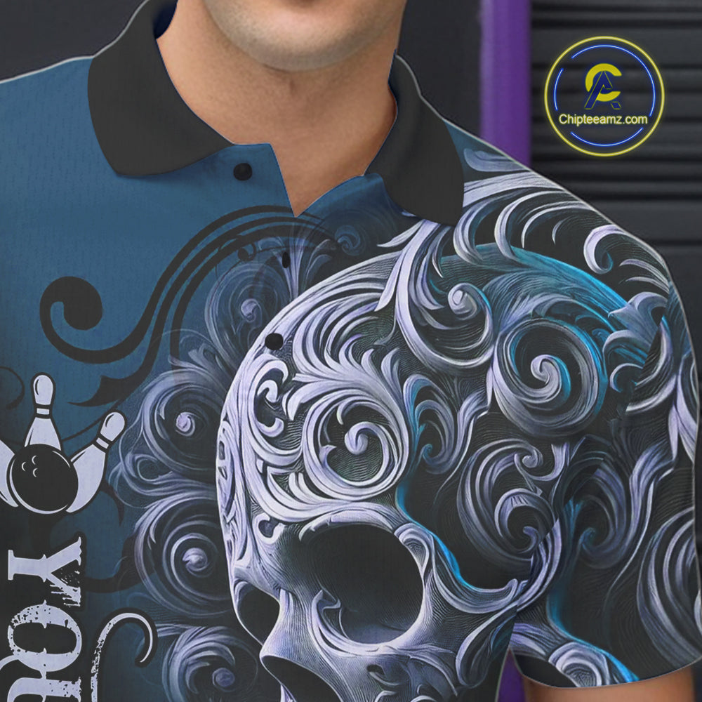Blue and Black Skull Scroll Men Bowling Polo, Quarter Zip Shirts Custom Skull Team bowling Jersey NQS10939