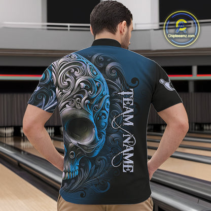 Blue and Black Skull Scroll Men Bowling Polo, Quarter Zip Shirts Custom Skull Team bowling Jersey NQS10939