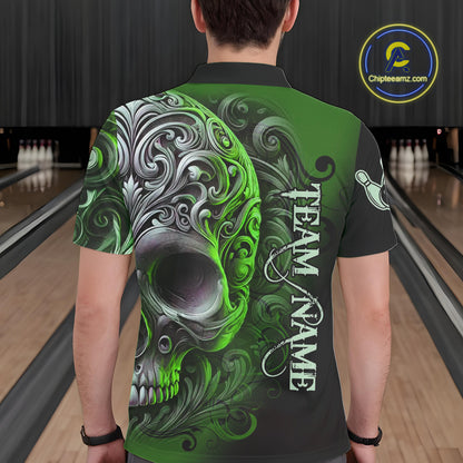 Green and Black Skull Scroll Men Bowling Polo, Quarter Zip Shirts Custom Skull Team bowling Jersey NQS10940