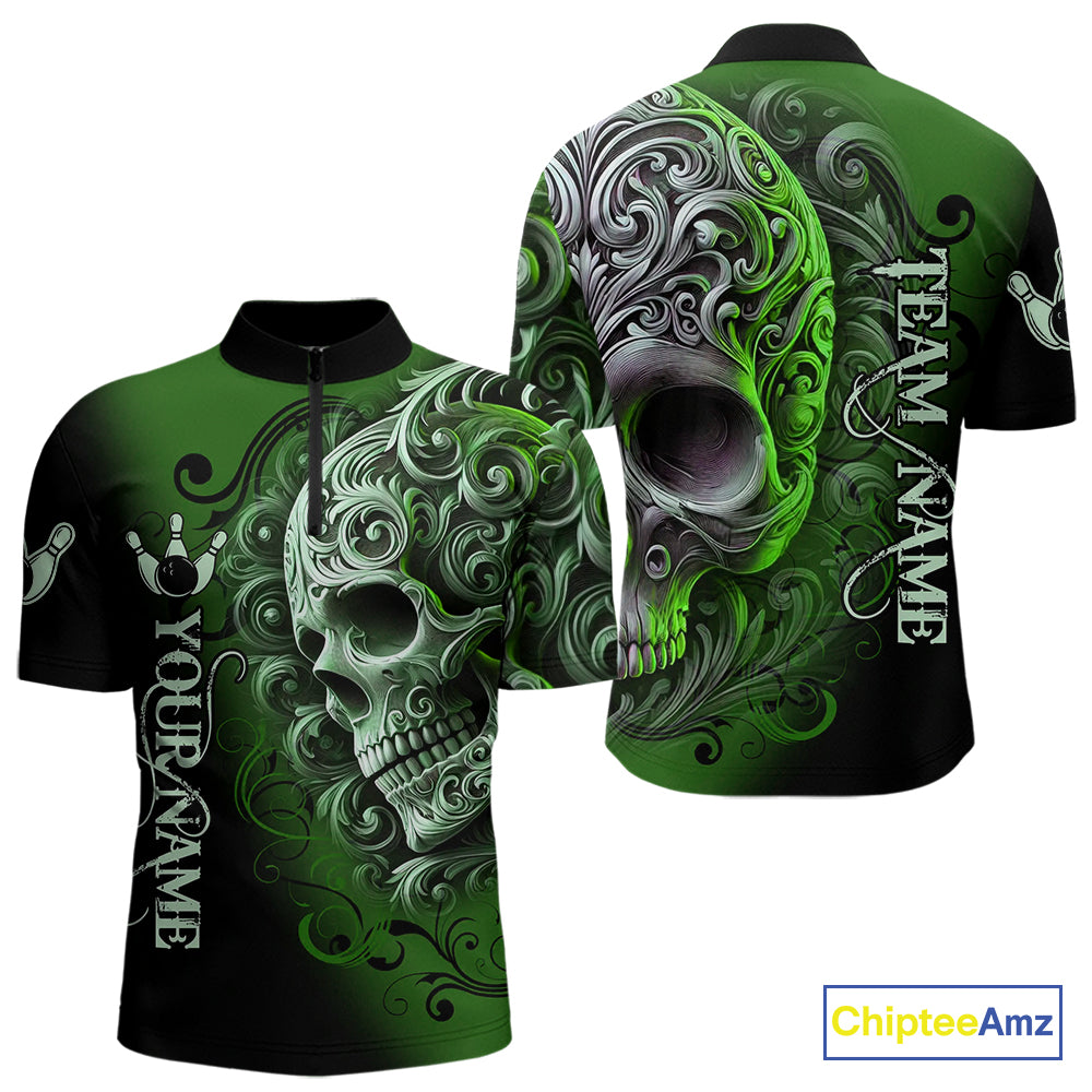 Green and Black Skull Scroll Men Bowling Polo, Quarter Zip Shirts Custom Skull Team bowling Jersey NQS10940