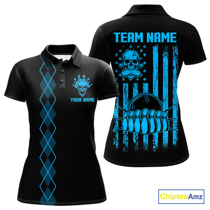 Custom Black and Blue argyle American Flag Skull retro Womens Bowling Shirts patriotic Team Jerseys NQS11132