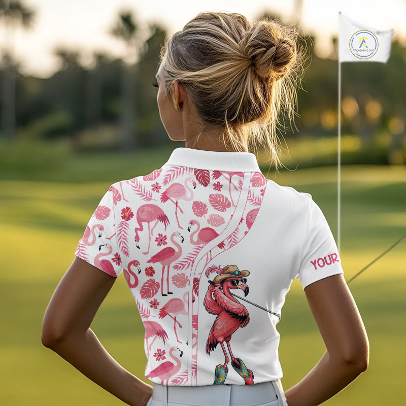 Funny White and Pink Flamingo golf polo shirts for Women Custom team Flamingo golf outfit ladies NQS11546