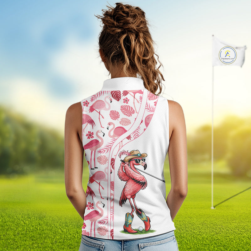Funny White and Pink Flamingo sleeveless golf polo shirts Custom team Flamingo golf outfit ladies NQS11546