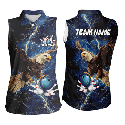 Custom Eagle Bowling Sleeveless Polo Shirt For Women Blue Lightning Thunder storm, Bowling Team Jersey NQS9766