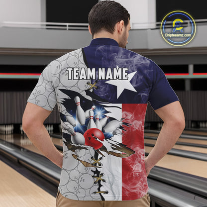 Smoke Texas Flag Gray Camo Bowling Polo, 1/4 Zip shirt for men Custom patriotic Team bowling jersey NQS10532