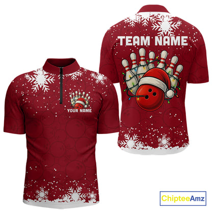 Red Christmas Bowling snowflake Men's Bowling Polo, Quarter Zip shirts Custom Xmas Bowling Outfits NQS10949