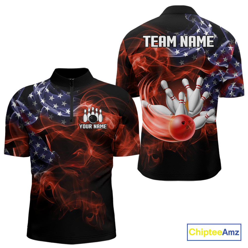 Personalized US Flag Smoke Bowling Shirts For Men Custom Patriotic Team Bowling Jerseys NQS11136