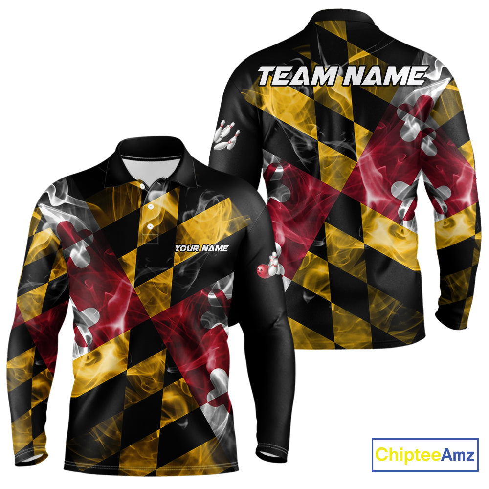 Smoke Maryland Flag Black Bowling Polo, 1/4 Zip shirt for men Custom patriotic Team bowling jersey NQS10322