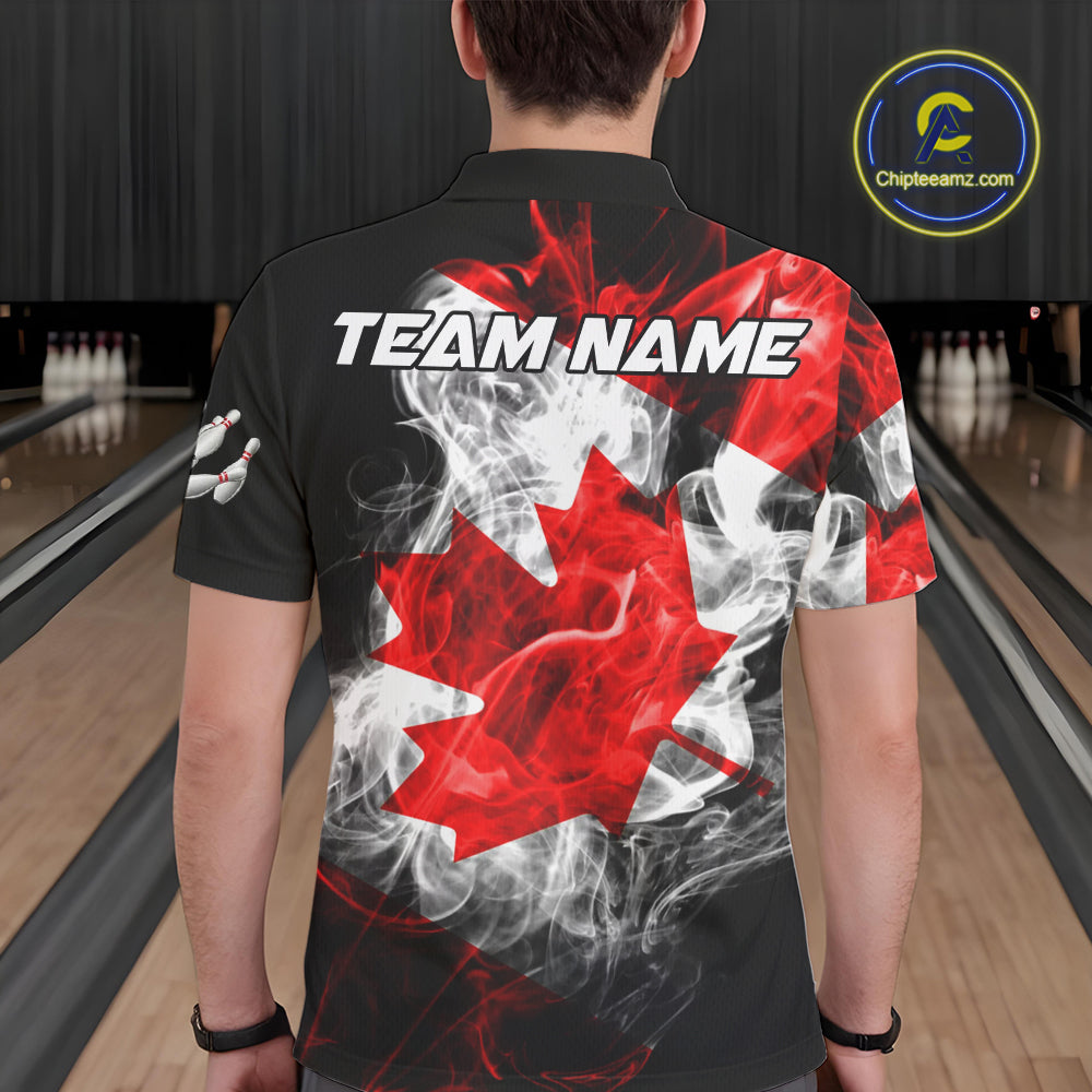 Smoke Canadian Flag Black Bowling Polo, 1/4 Zip shirt for men Custom patriotic Team bowling jersey NQS10323