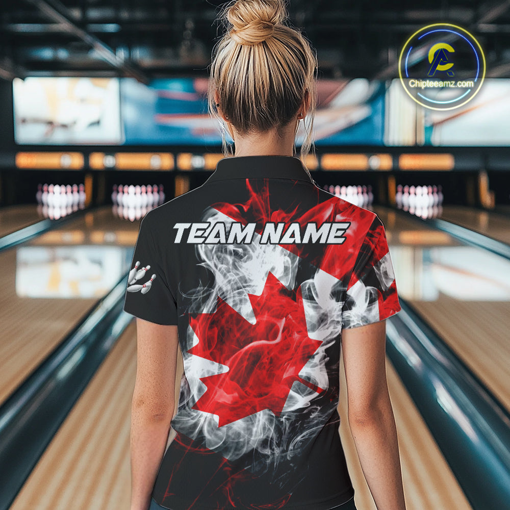 Smoke Canadian Flag Black Bowling Polo, 1/4 Zip shirt for Women Custom patriotic Team bowling jersey NQS10323