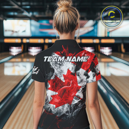 Smoke Canadian Flag Black Bowling Polo, 1/4 Zip shirt for Women Custom patriotic Team bowling jersey NQS10323