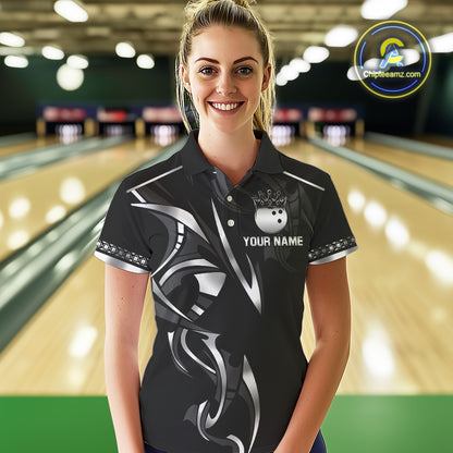 Black and Silver crown Bowling ball Polo, Quarter Zip Shirts for Women Custom Bowling Team jerseys NQS10537