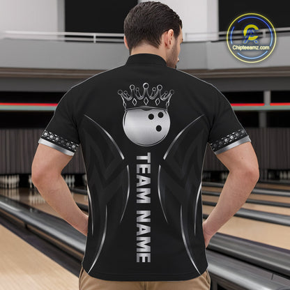 Black and Silver crown Bowling ball Polo, Quarter Zip Shirts for Men Custom Bowling Team jerseys NQS10537