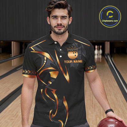 Black and Orange crown Bowling ball Polo, Quarter Zip Shirts for Men Custom Bowling Team jerseys NQS10538