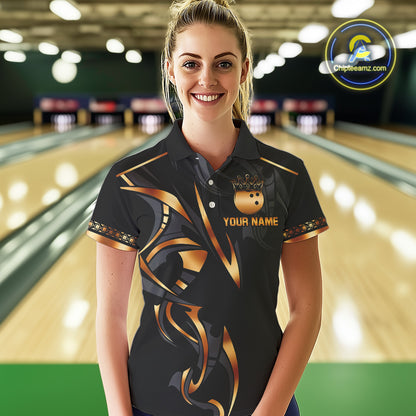 Black and Orange crown Bowling ball Polo, Quarter Zip Shirts for Women Custom Bowling Team jerseys NQS10538