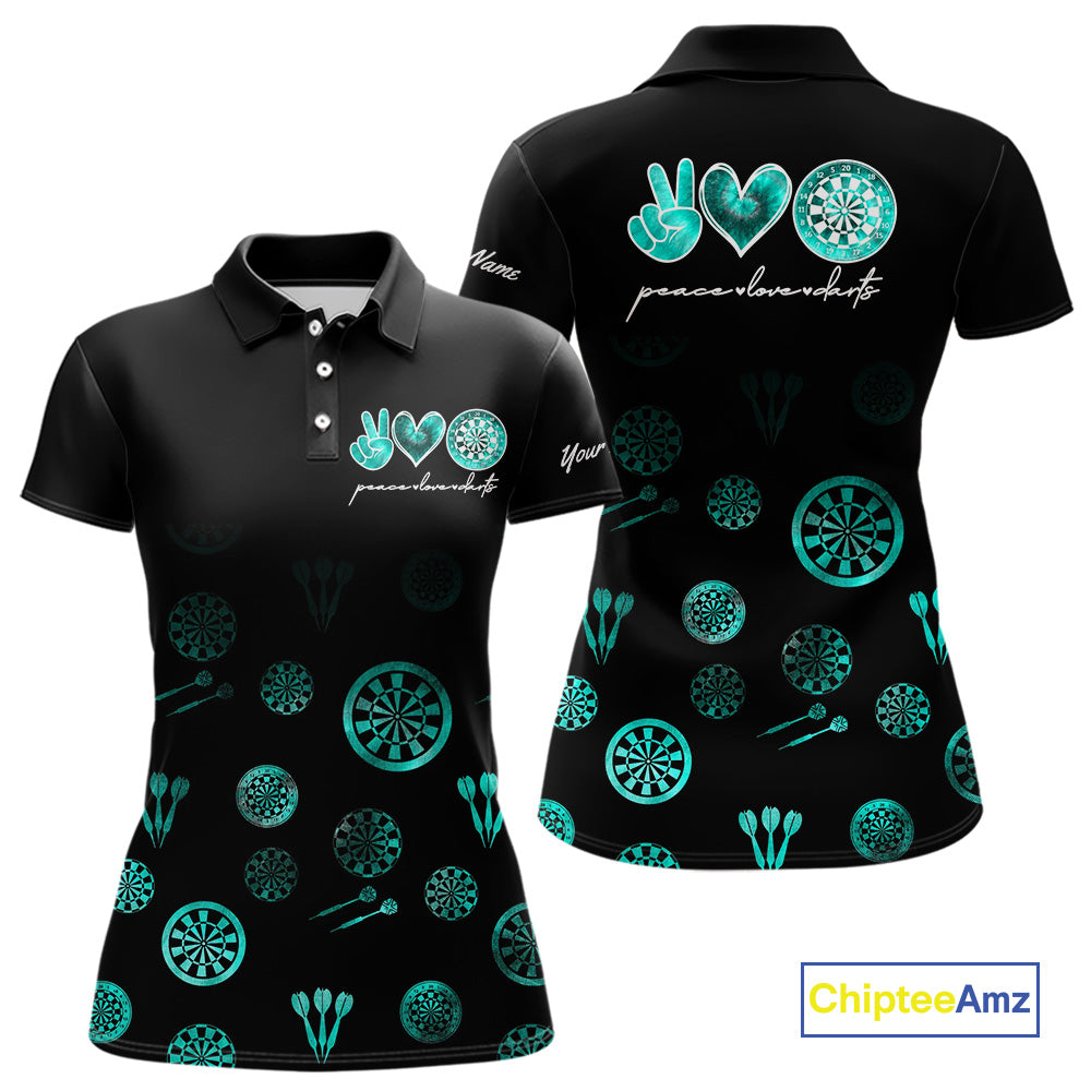 Personalized Turquoise Black Camo Darts Shirts For Women Custom Peace Love Darts Team Jerseys NQS10542