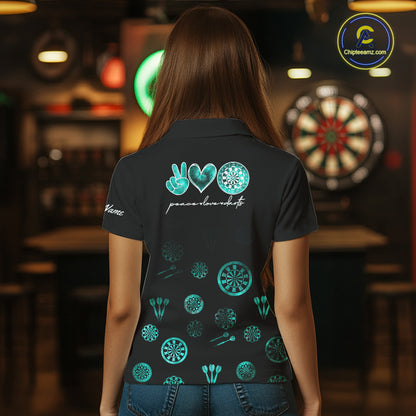 Personalized Turquoise Black Camo Darts Shirts For Women Custom Peace Love Darts Team Jerseys NQS10542