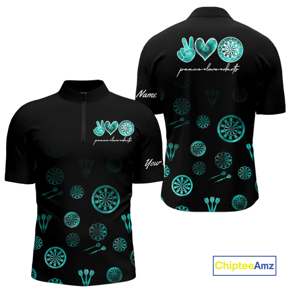 Personalized Turquoise Black Camo Darts Shirts For Men Custom Peace Love Darts Team Jerseys NQS10542
