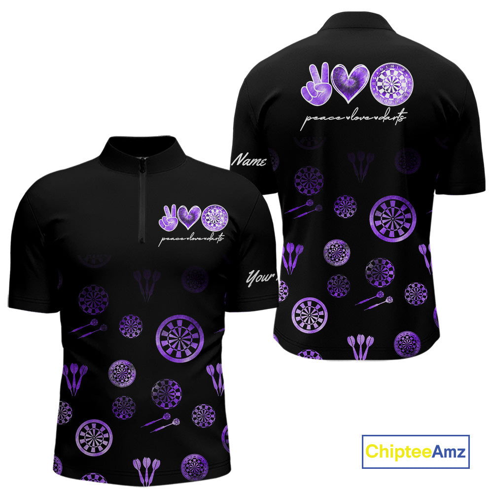 Personalized Purple and Black Camo Darts Shirts For Men Custom Peace Love Darts Team Jerseys NQS10543