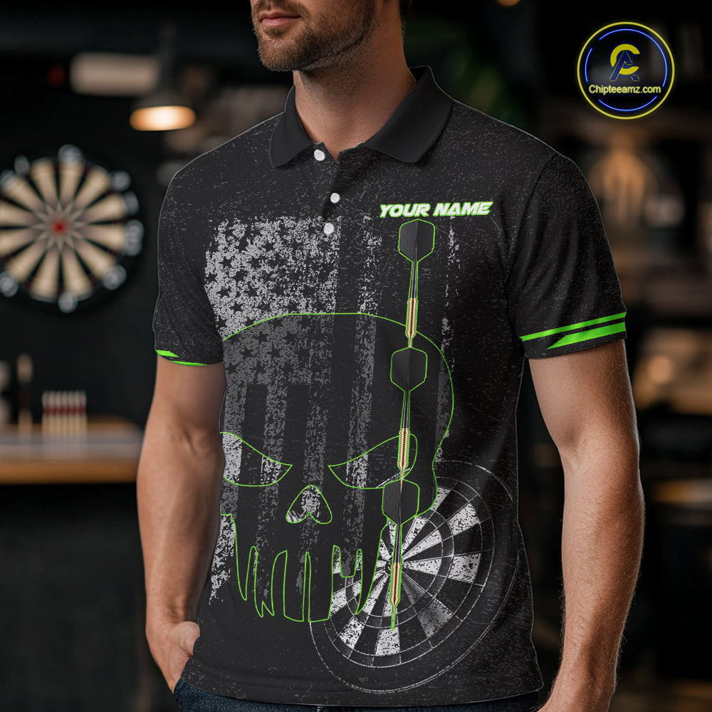 Black & White grunge American Flag Skull Mens Darts Shirt Custom patriotic Team Darts Jersey | Green NQS10748