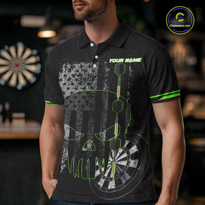 Black & White grunge American Flag Skull Mens Darts Shirt Custom patriotic Team Darts Jersey | Green NQS10748